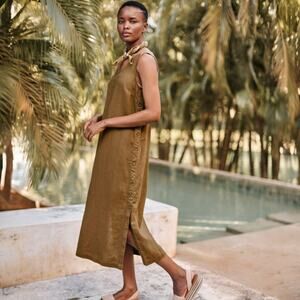 Garnet Hill Terra Linen Midi Dress Sleeveless Green Brown Buttons Women's M